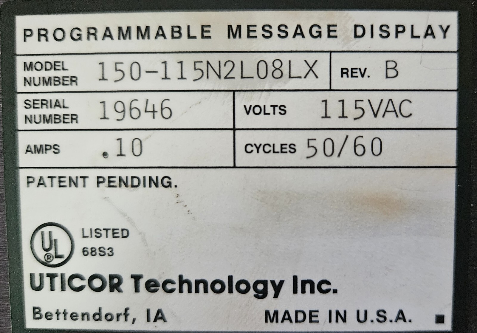 UTICOR 150-115N2L08LX / 150115N2L08LX Programmable Message Display