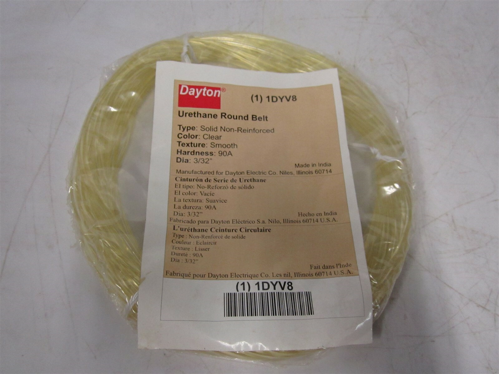 Clear Urethane Solid Core Round Belt Shore A 90 Hardness 3/32″ Diameter x 50 ft