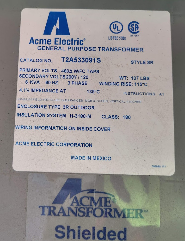 Acme Electric T2A533091S Three Phase Wall Mount Power Transformer 6kVA 480V 3PH