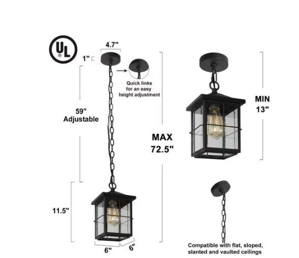 LNC Modern Farmhouse Black Outdoor Lantern 1-Light Pendant w/ Seeded Glass