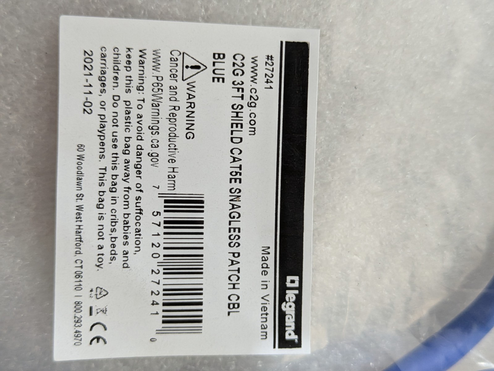 Legrand C2G 27241 Cat5e Shielded Snagless Patch Cable 3ft RJ45 Blue Ethernet OEM