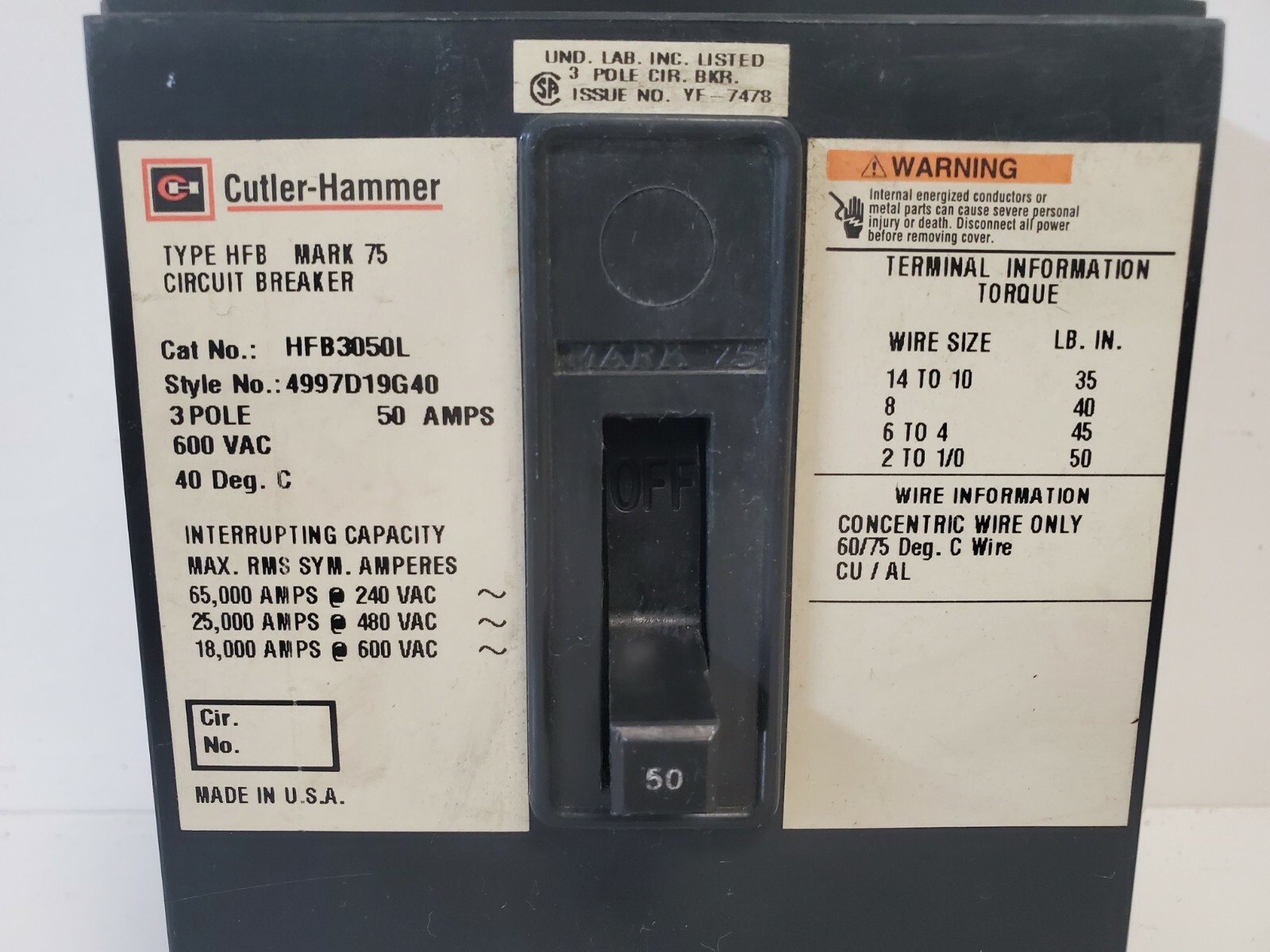 NEW OLD STOCK! CUTLER-HAMMER 50A 3-POLE CIRCUIT BREAKER HFB3050L