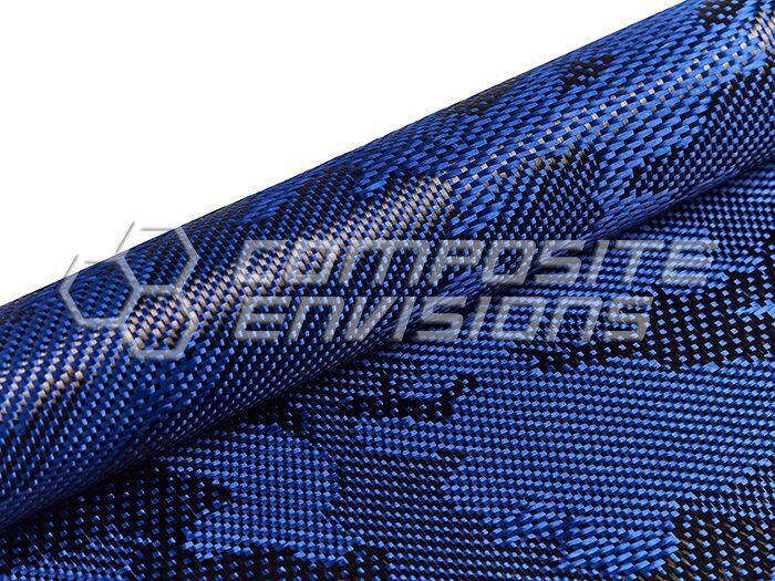 Camouflage Carbon Fiber/Blue Aramid Hybrid 3k/1500d 50″/127cm 6oz/203gsm