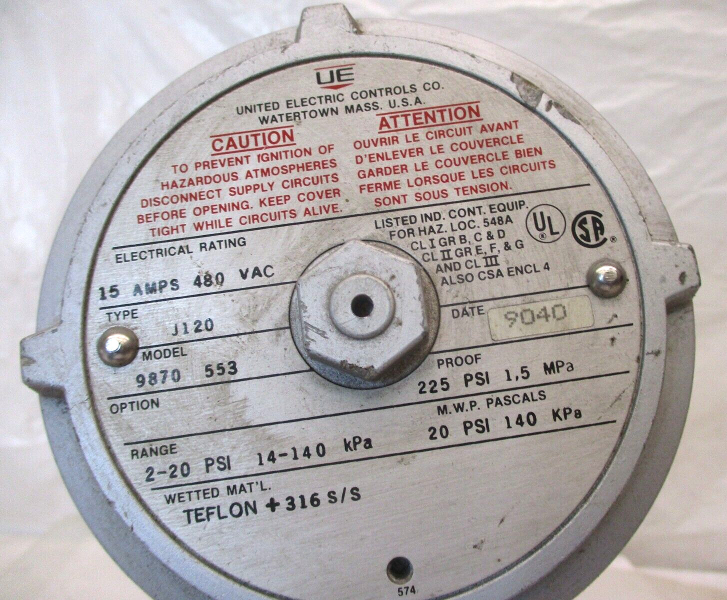 United Electric 9870 553 Type J120 Pressure Switch A7220WVS