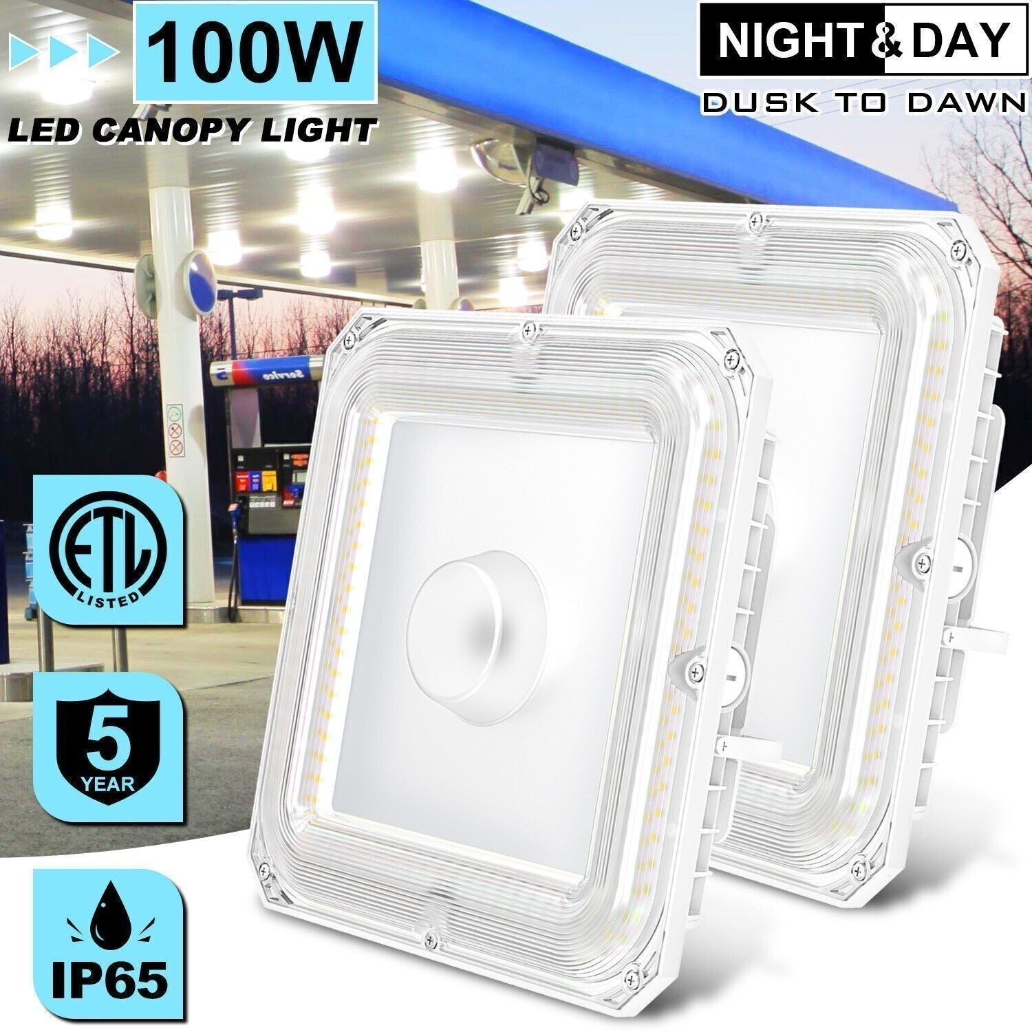 2 PACK 100W LED Gas Station Canopy Light Commercial Parking Lot Lighting 13500LM