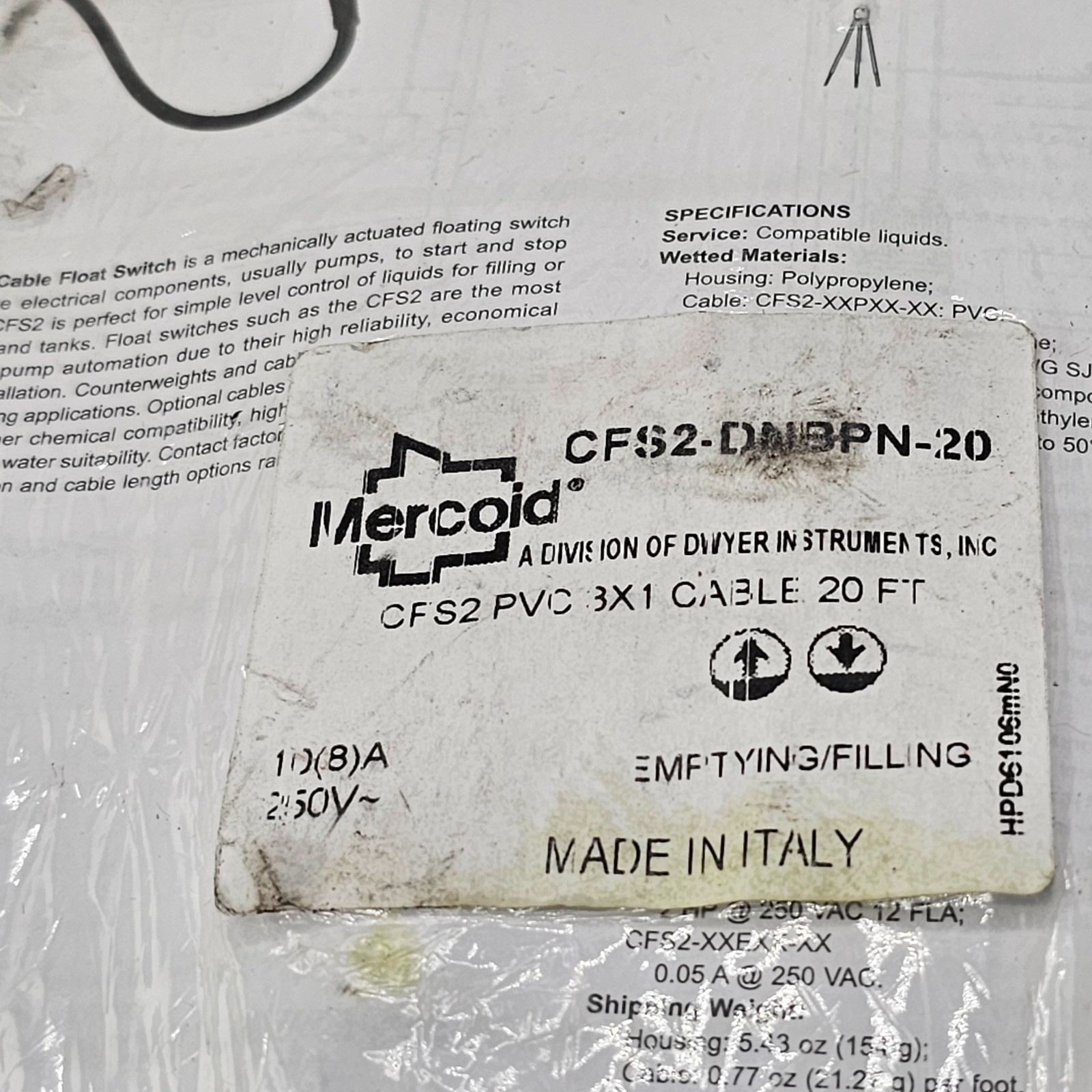 MERCOID CFS2-DNBPN-20: CFS2 PVC 3X1 FLOAT SWITCH CABLE 20 FT.