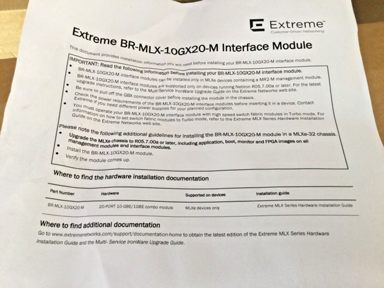 Brocade Extreme BR-MLX-10GX20-M Network Module (MLX-20X10G-M)