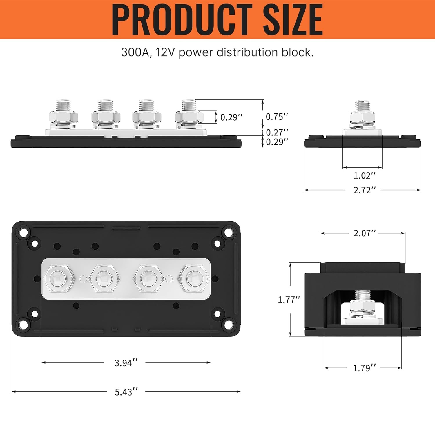 300A 12V Bus Bar Power Distribution Block Waterproof with 4 x 3/8″ Studs Car RV