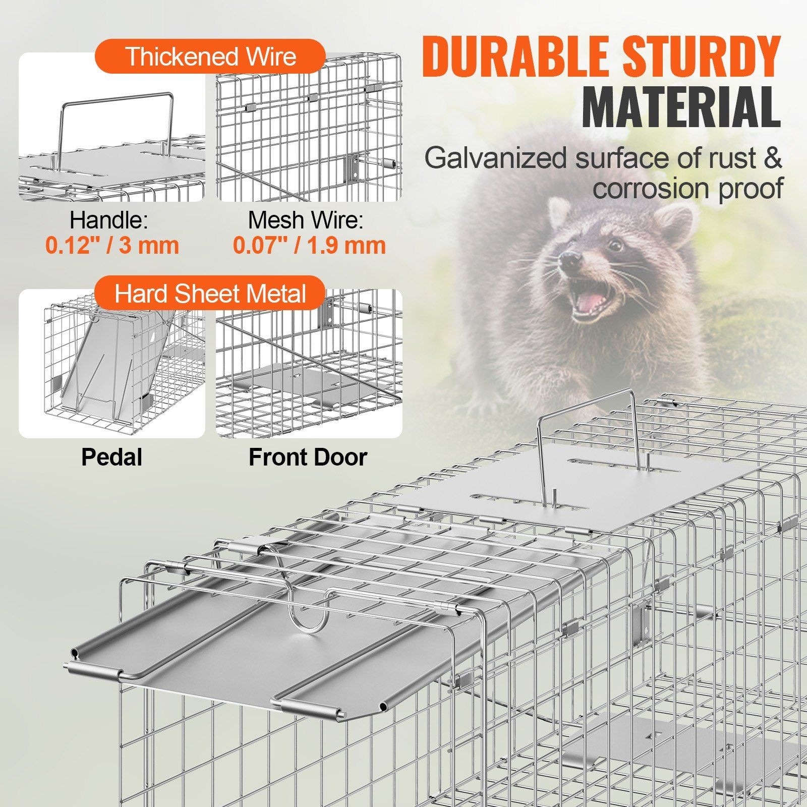 24x8x8in Foldable Galvanized Iron Animal Cage Trap 333lb Capacity & Handle