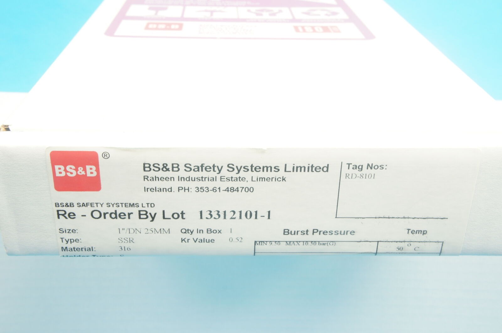 BS&B 13312101-1 SSR rupture disk 1 in.(1″)/DN 25mm 316SS 9.50-10.50 bar(G) @50°C