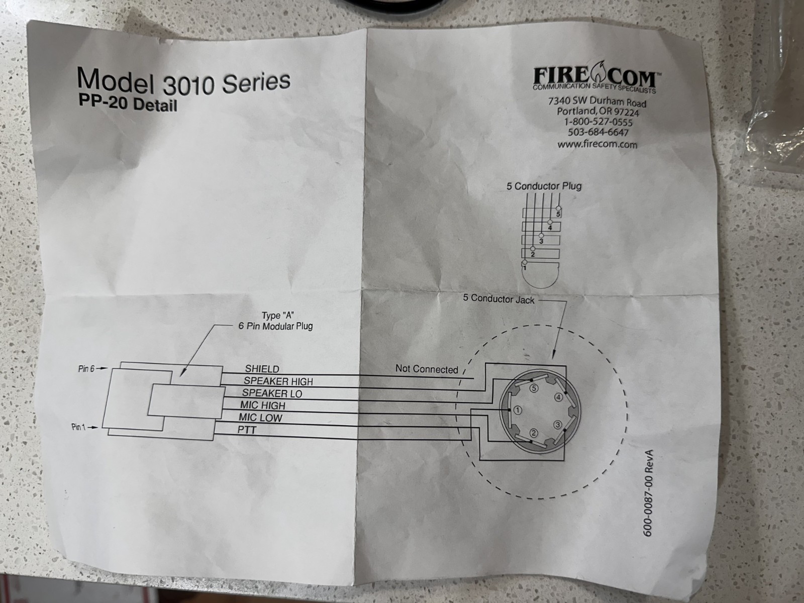 Firecom Model 3010 Series PP-20 75′ Pump Panel Headset Module 107-0413-05 NOS