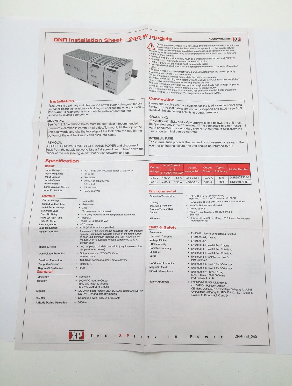 XP Power DNR240PS48-I Power Supply DIN Rail AC/DC PSU 1 Output 240W 48VDC 