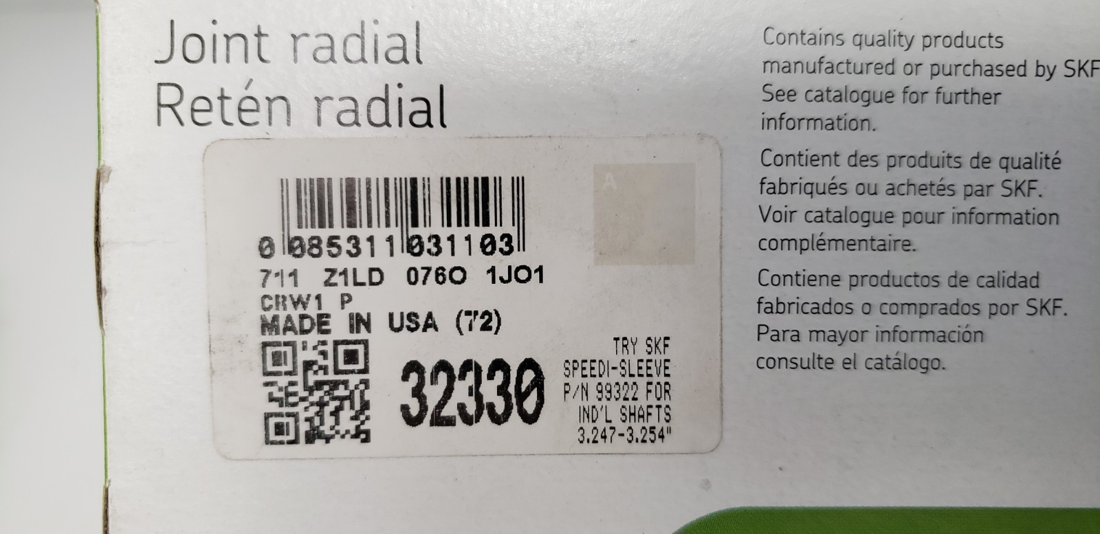 SKF 32330 SINGLE LIP OIL SEAL, 3.25 x 3.876 x 0.375″, CRW1 P (LOT OF 2) NIB