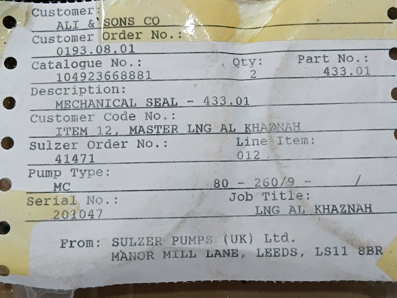 Sulzer Pump Seal 433.01 for MC 80-260/9 Mechanical Seal Set Part No 433.01
