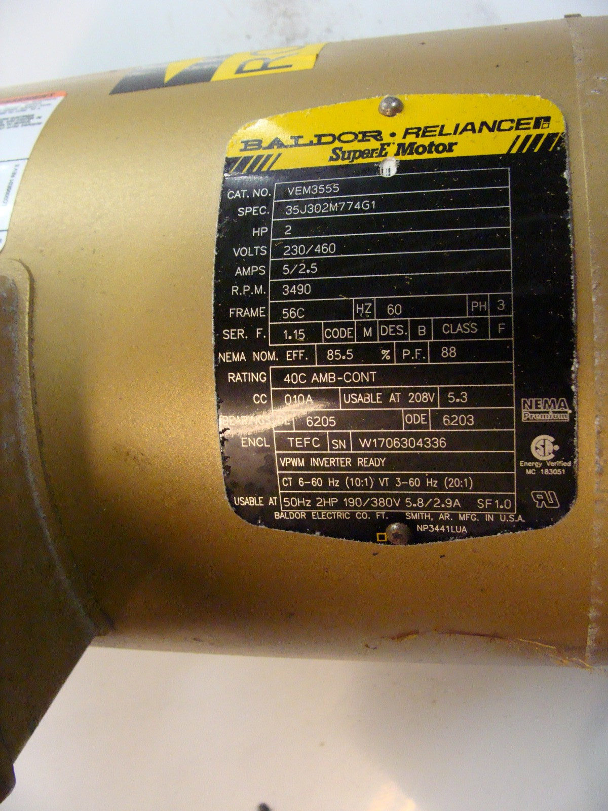BALDOR RELIANCE SUPER E MOTOR VEM3555 2HP 230/460V 5/2.5A 3490RPM 3PH