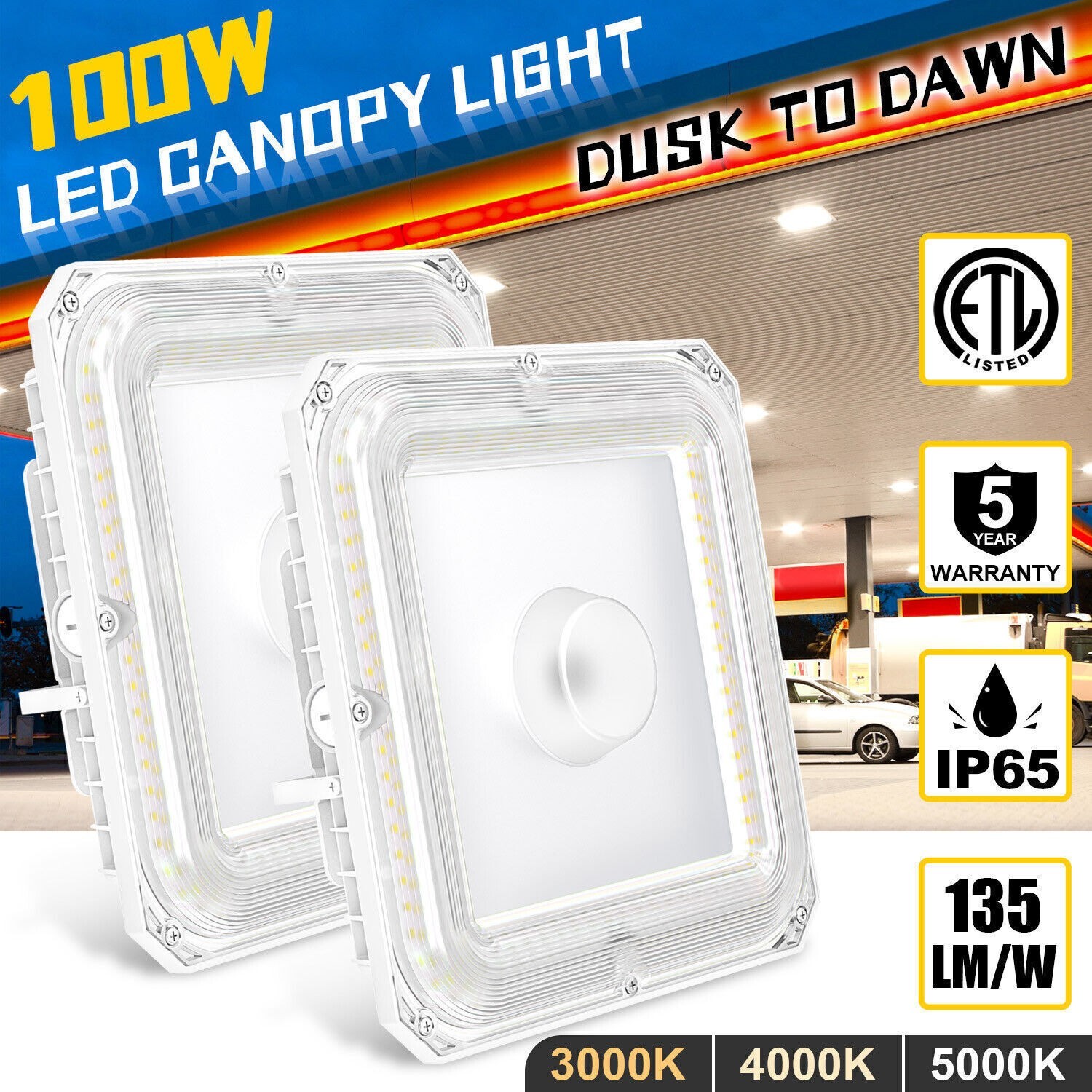 2Pcs 100W LED Gas Station Canopy Lights Commercial Parking Lot Lamp 4500K~5700K