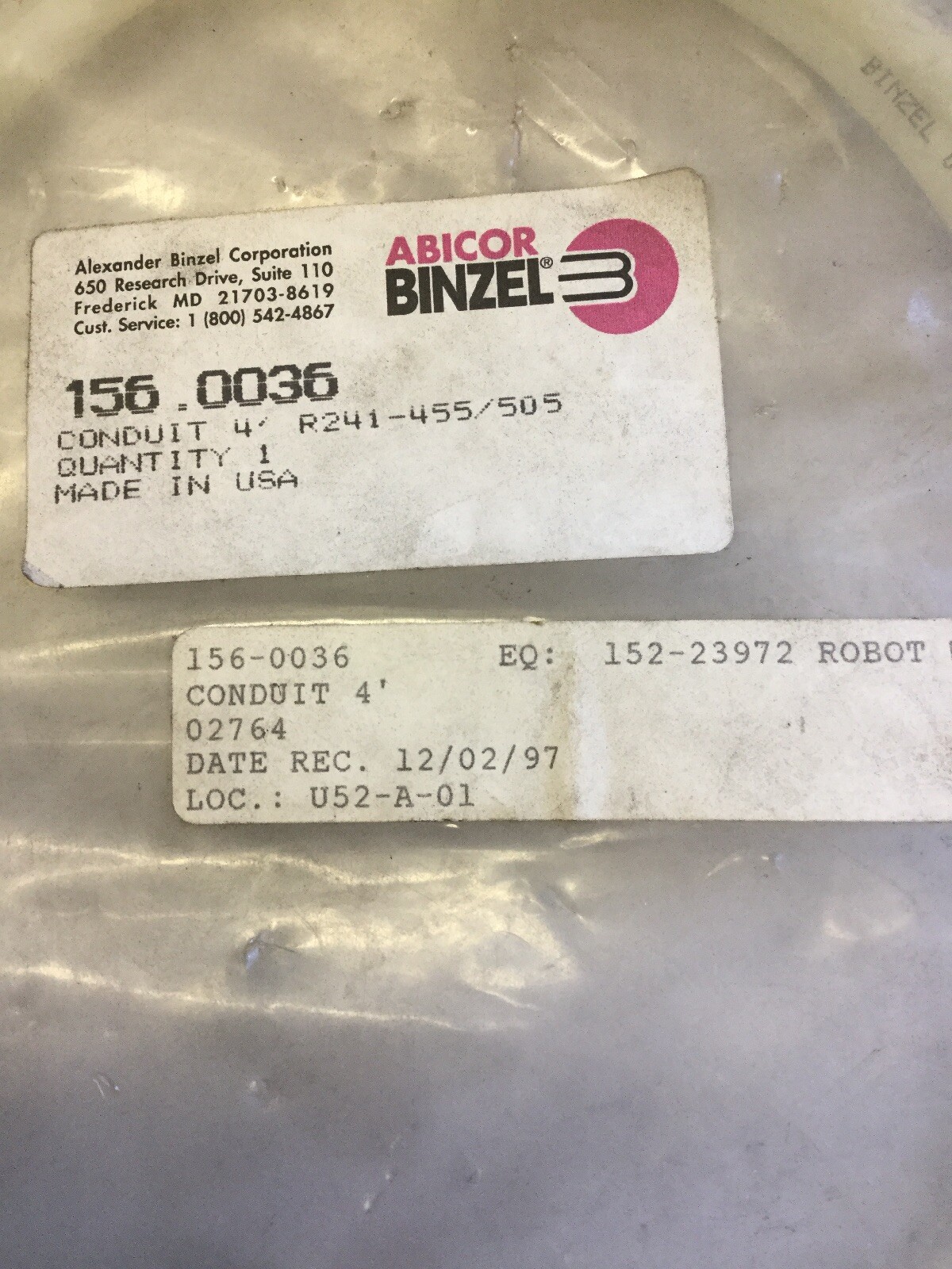 NEW, BINZEL, 156-0036, CONDUIT 4’, R241-455/505. (3B-2)