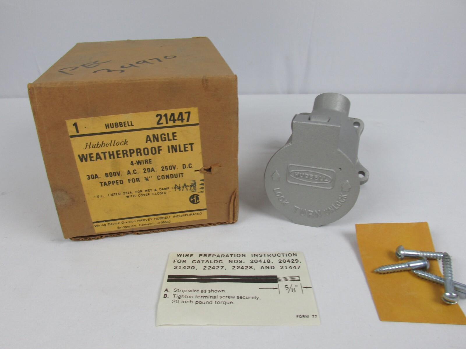 Hubbell 21447 Hubbellock Angle Weatherproof Inlet 30A/600VAC, 20A/250VDC NOS