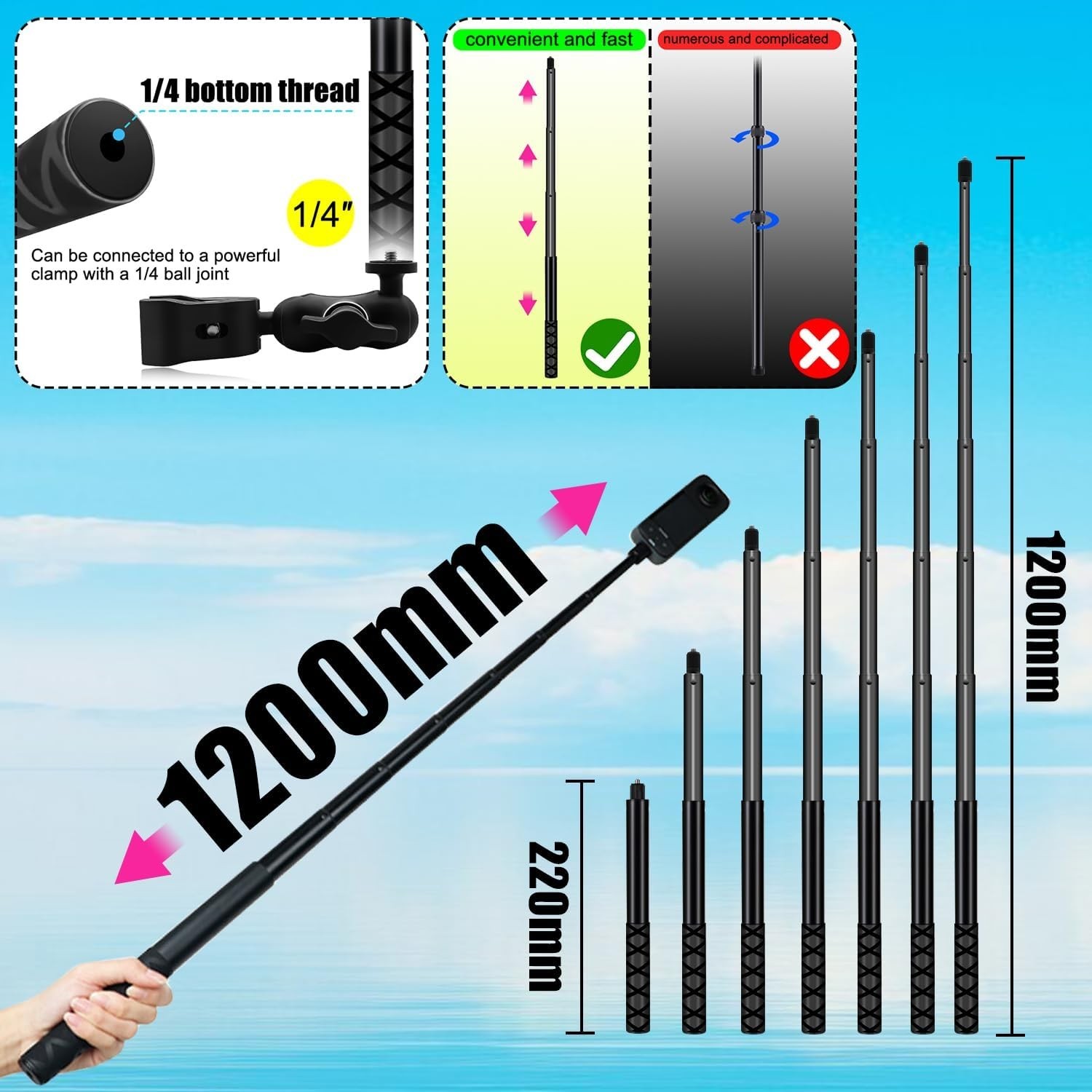 Motorcycle Mount Kit with 47″ Invisible Selfie Stick Compatible for Insta ……