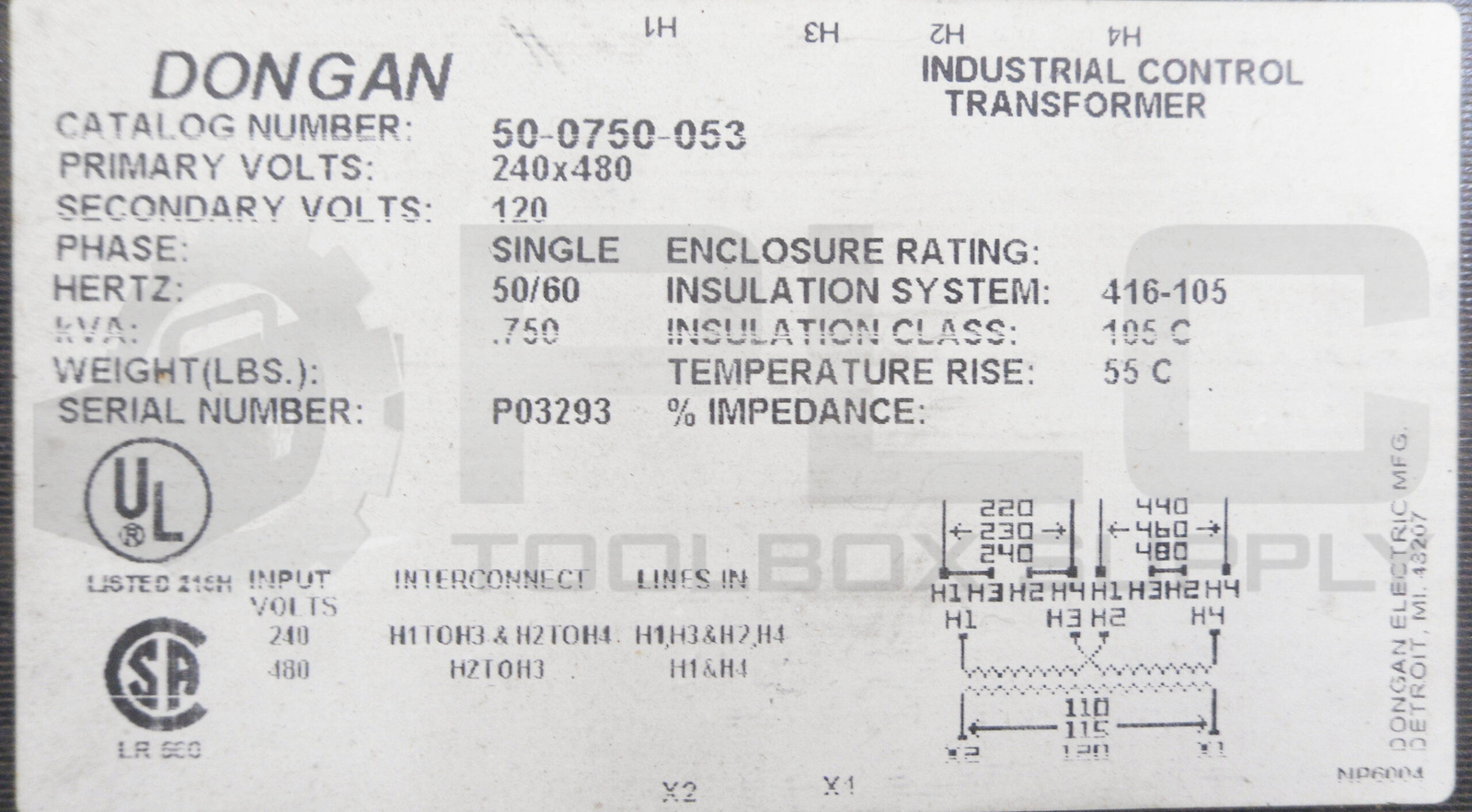 DONGAN 50-0750-053 INDUSTRIAL CONTROL TRANSFORMER 240-480V 50/60HZ