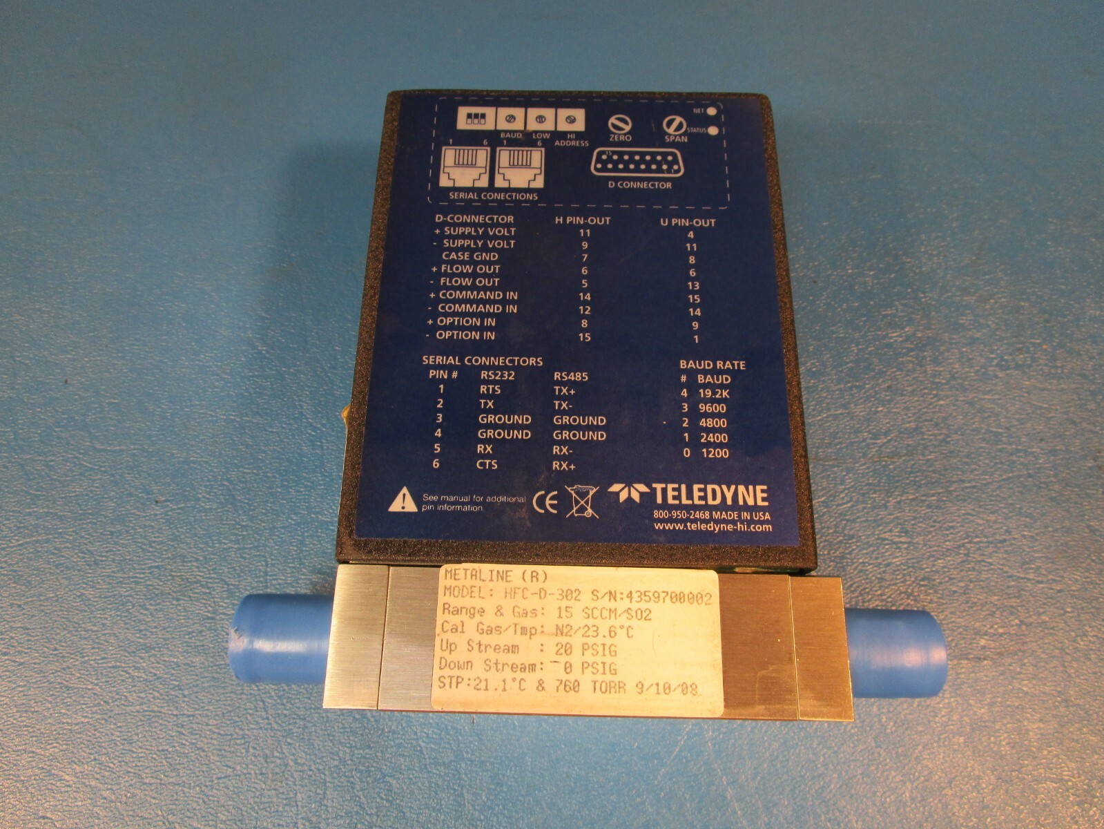 Teledyne Hastings HFC-D-302 Flow Controller, Range: 15, Gas: SCCM/SO2, 20 PSIG