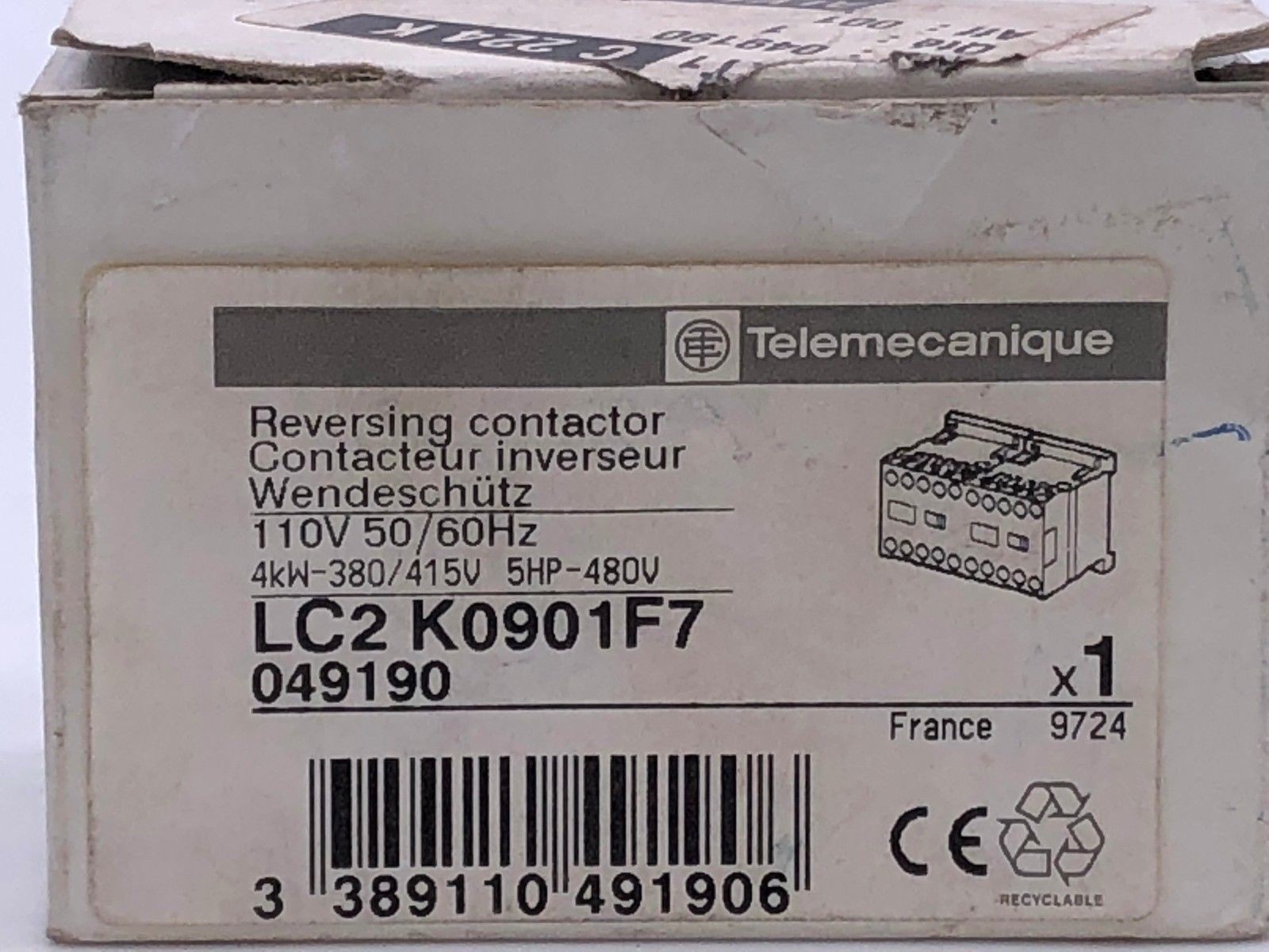 Telemecanique LC2K0901F7 Reversing Contactor 3 Pole AC3 4kW@400V 9A 110VAC Coil
