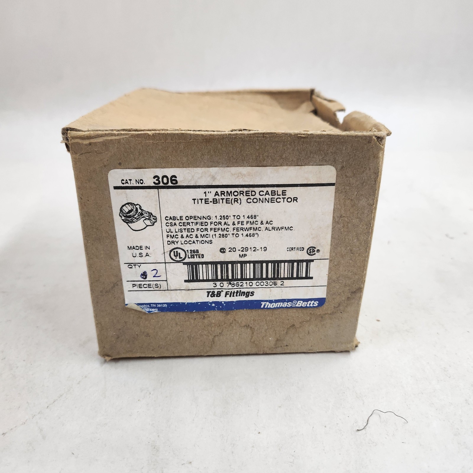 [BOX OF 2] THOMAS & BETTS 306 ARMORED CABLE CONNECTOR, 1″, TITE-BITE