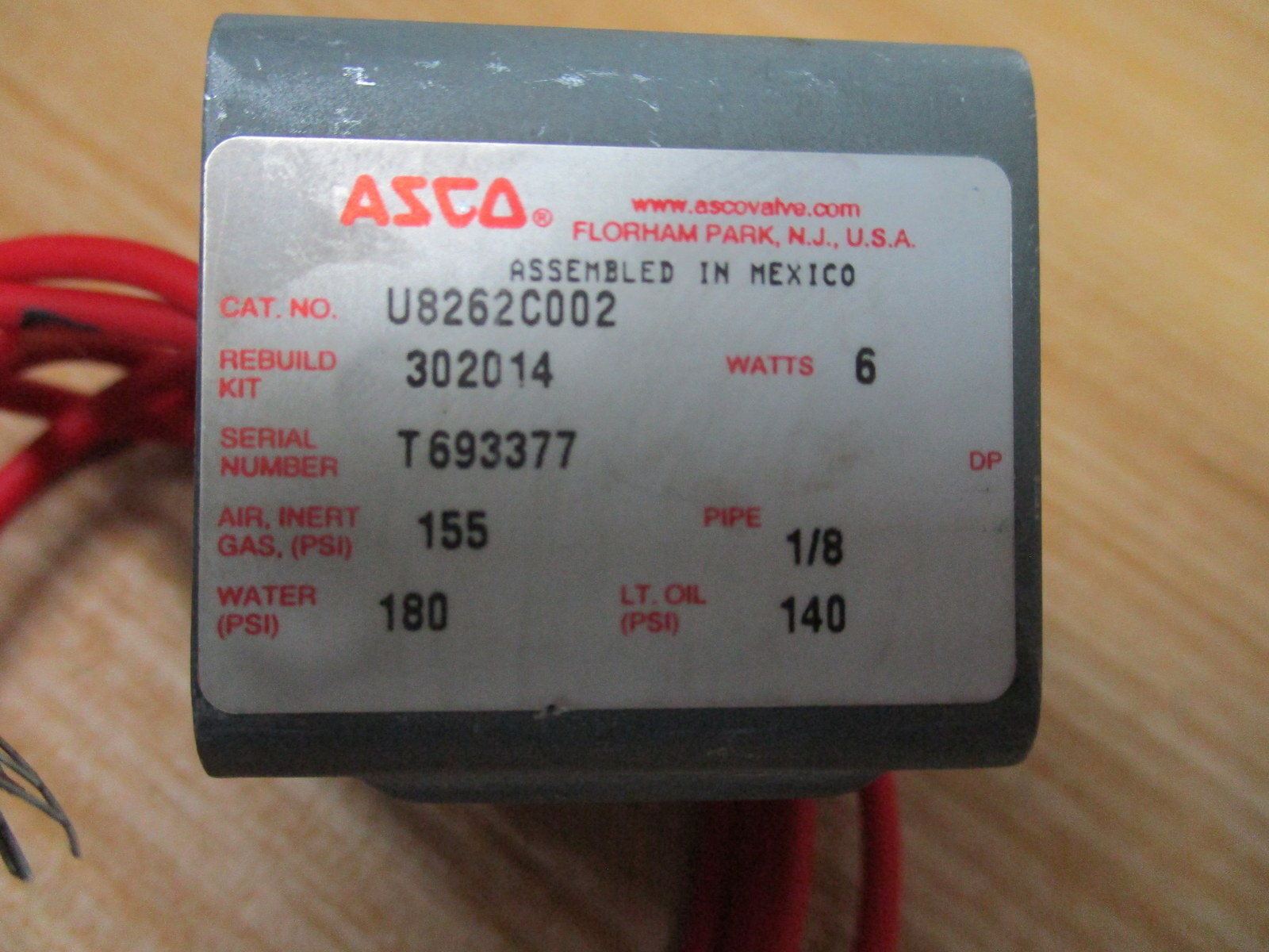Asco U8262C002 Solenoid Valve 302014 Coil Only