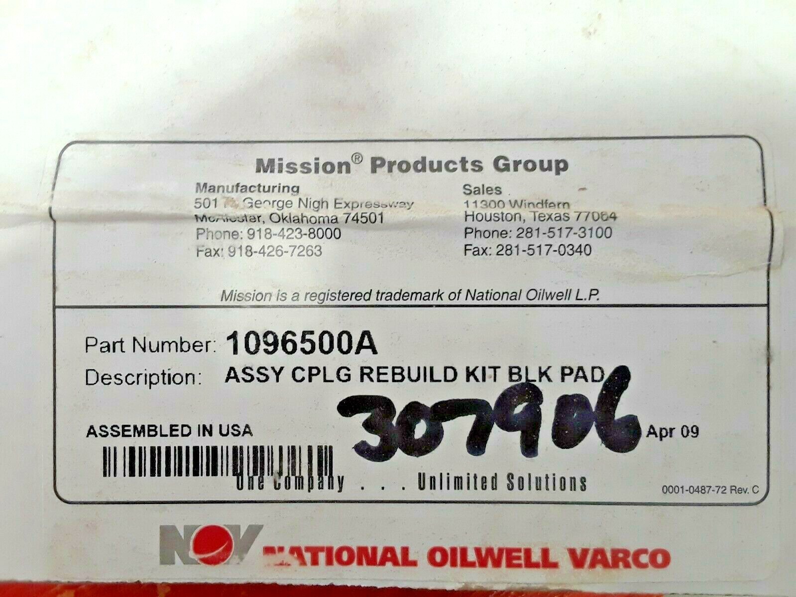 🟠MISSION-NOV ASSY CPLG REBUILD KIT BLK PAD PESSCO IS OFFERING 1 R060821-2-14 🗽