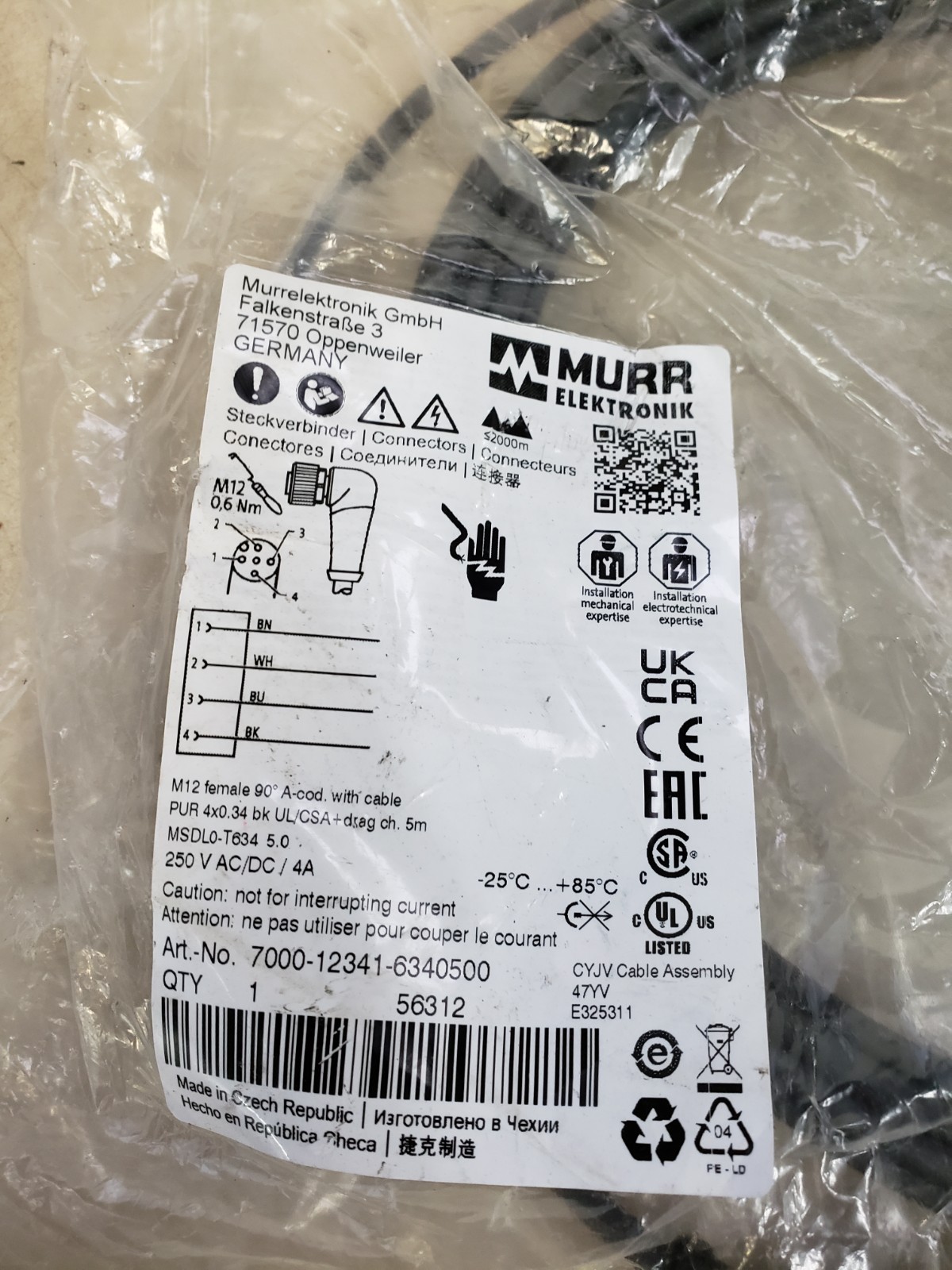 Murr Electronik 7000-12341-6340500 M12 female 90° A-cod. with cable PUR 4×0.34