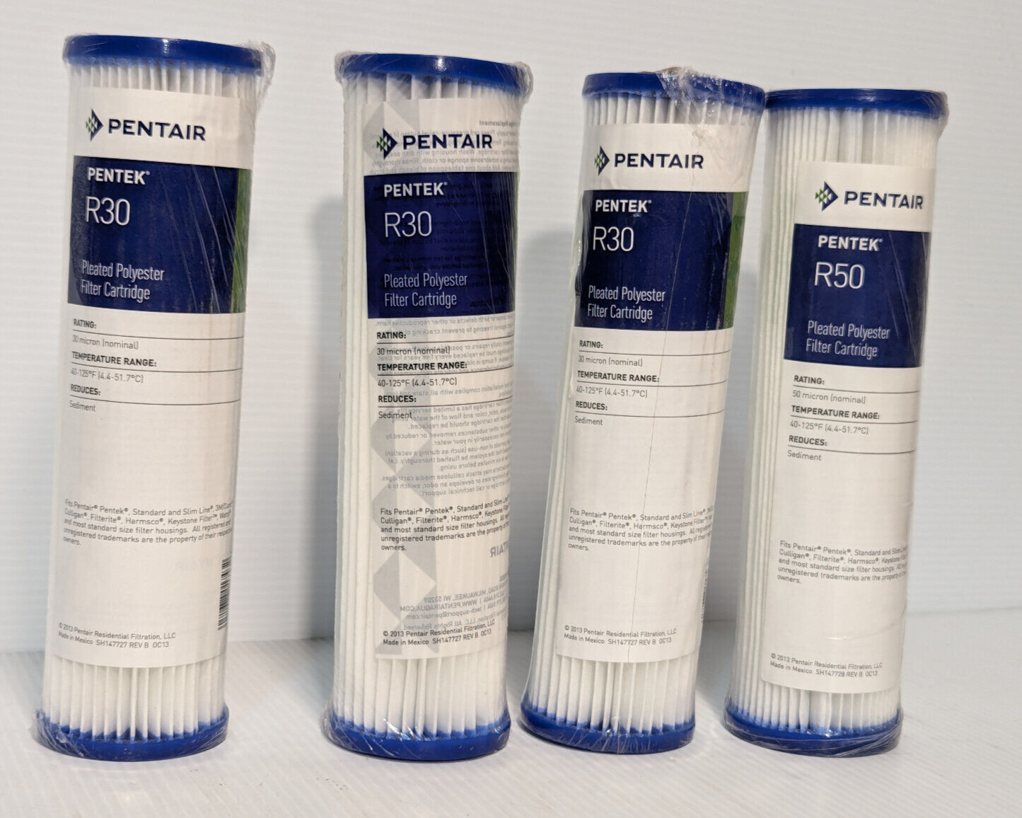 Lot of 4: Asstd. Pentair Pentek R30, R50 Pleated Filter Cartridges, 30-50 micron