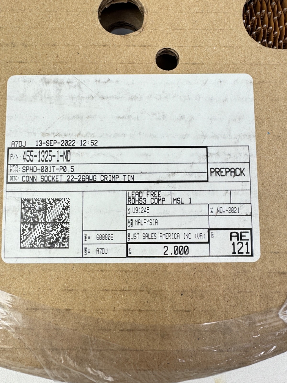 JST SPHD-001T-P0.5 Connector Socket 22-26AWG Crimp *ROLL OF 2,000*