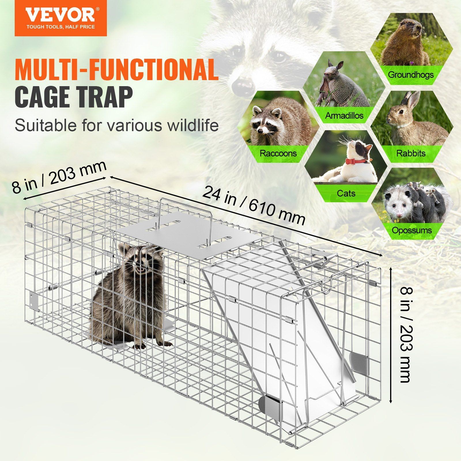 24x8x8in 333lb Galvanized Iron Animal Cage Trap Folding with Handle
