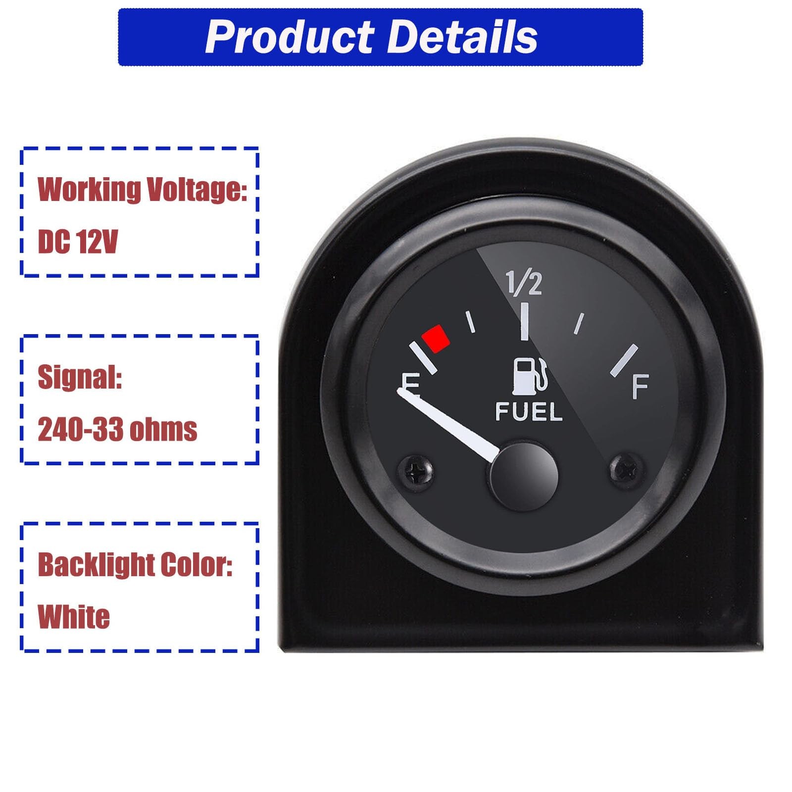 2″ Fuel Level Gauge,12V Fuel Tank Meter E-1/2-F Pointer Meter 240-33ohm for Car