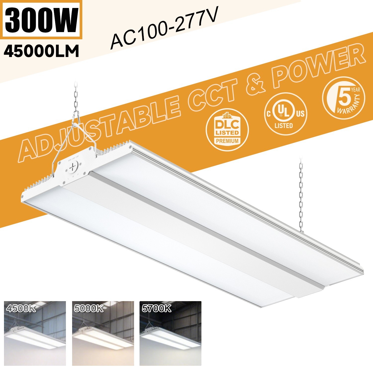 300W LED Linear High Bay Light 4500K/5000K/5700K Adjustable Commercial Shop Lamp