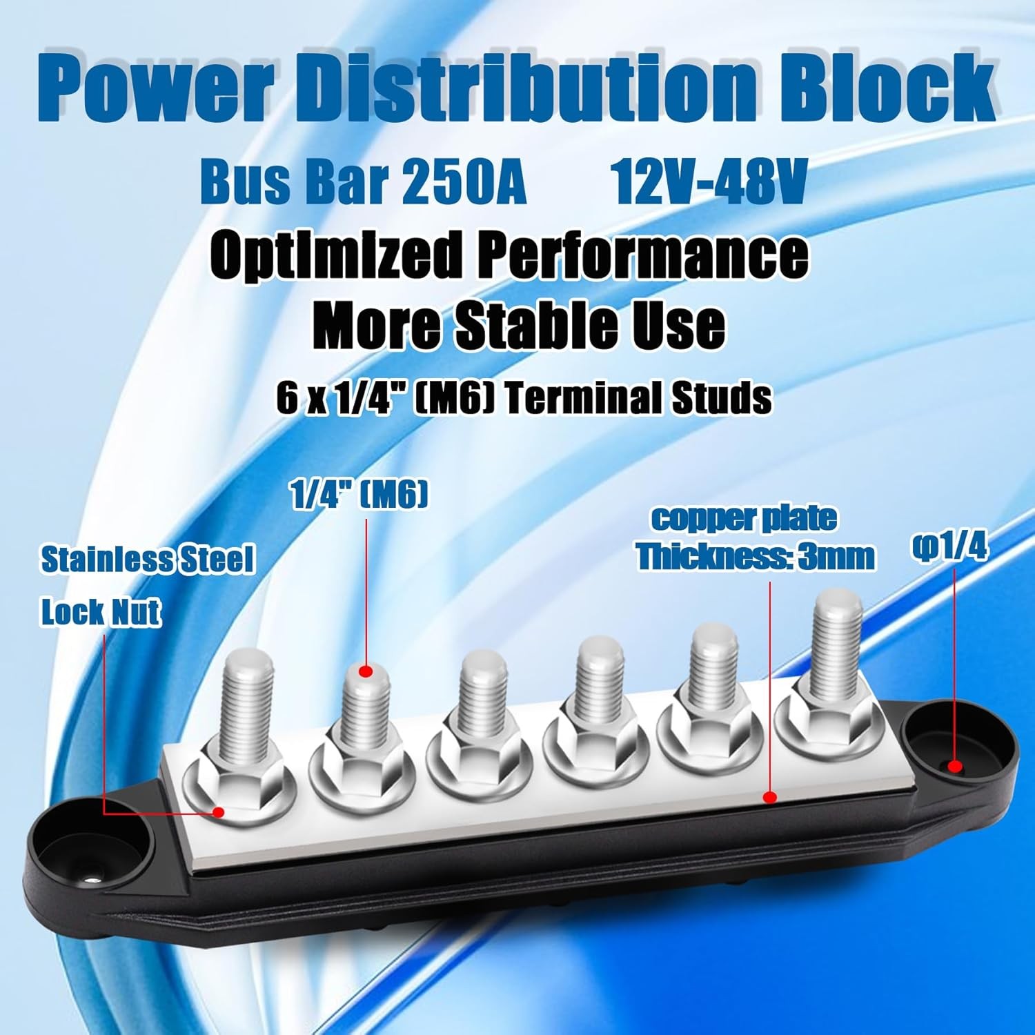 250A Bus Bar 12V Marine 1/4″ Power Distribution Block Automotive 6×1/4″