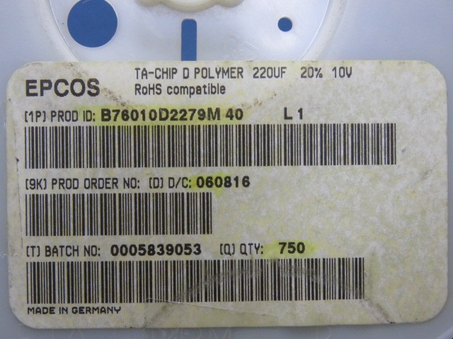EPCOS B76010D2279M40 Qty of 20 per Lot TANT D-CASE=7343-31 EIA 10V 220UF 20% TO