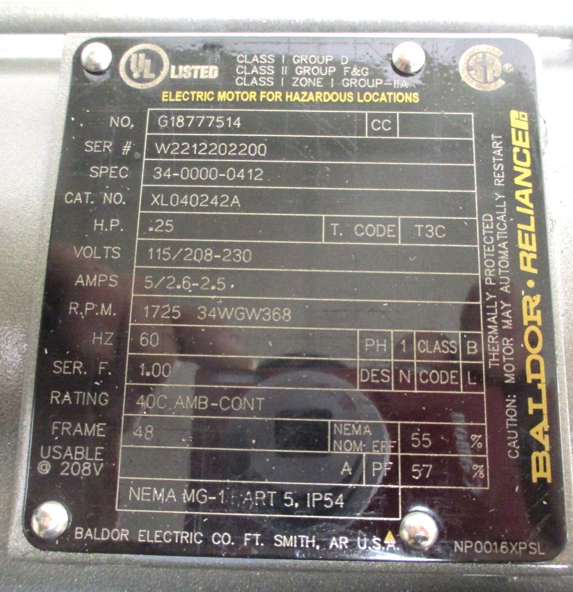 BALDOR-RELIANCE , ELECTRIC MOTOR , XL040242A , 0.25-HP , 1725-RPM , SURPLUS