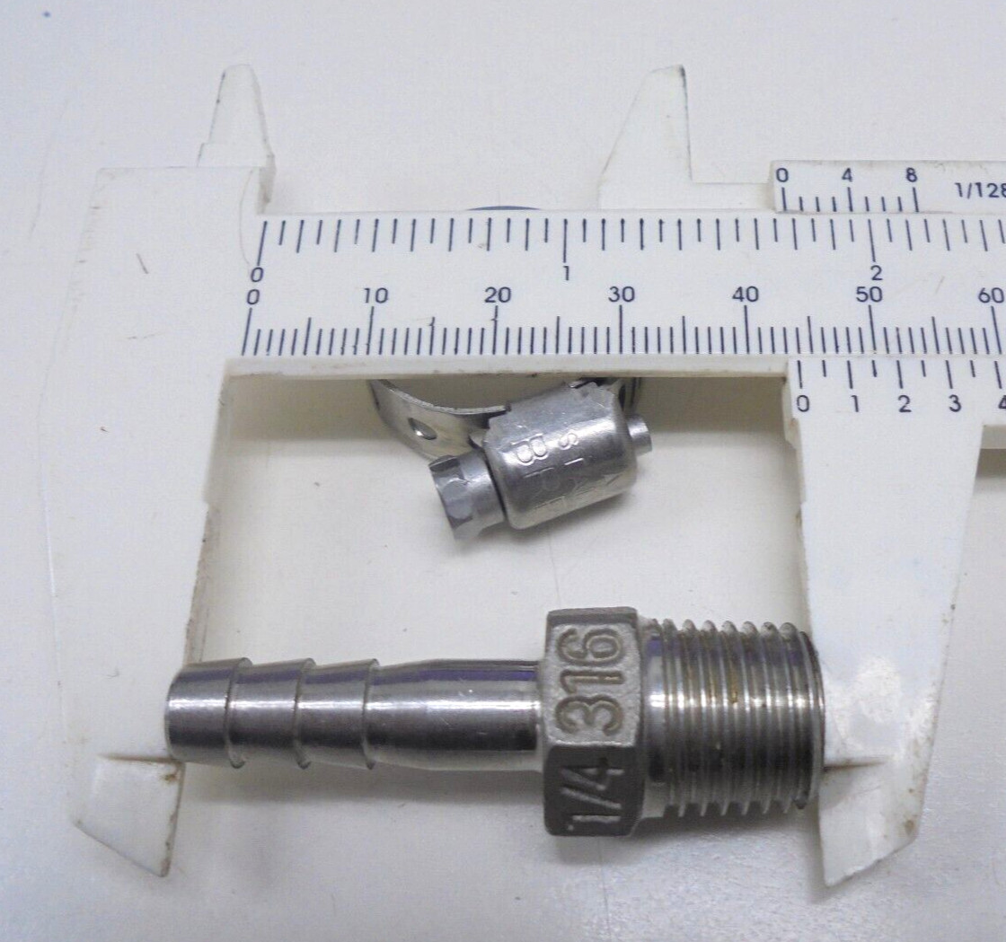 1/4″ Stainless Steel Hose Barb Fitting 1/4-in NPT x 1/4″ Barb With 1 Clamp