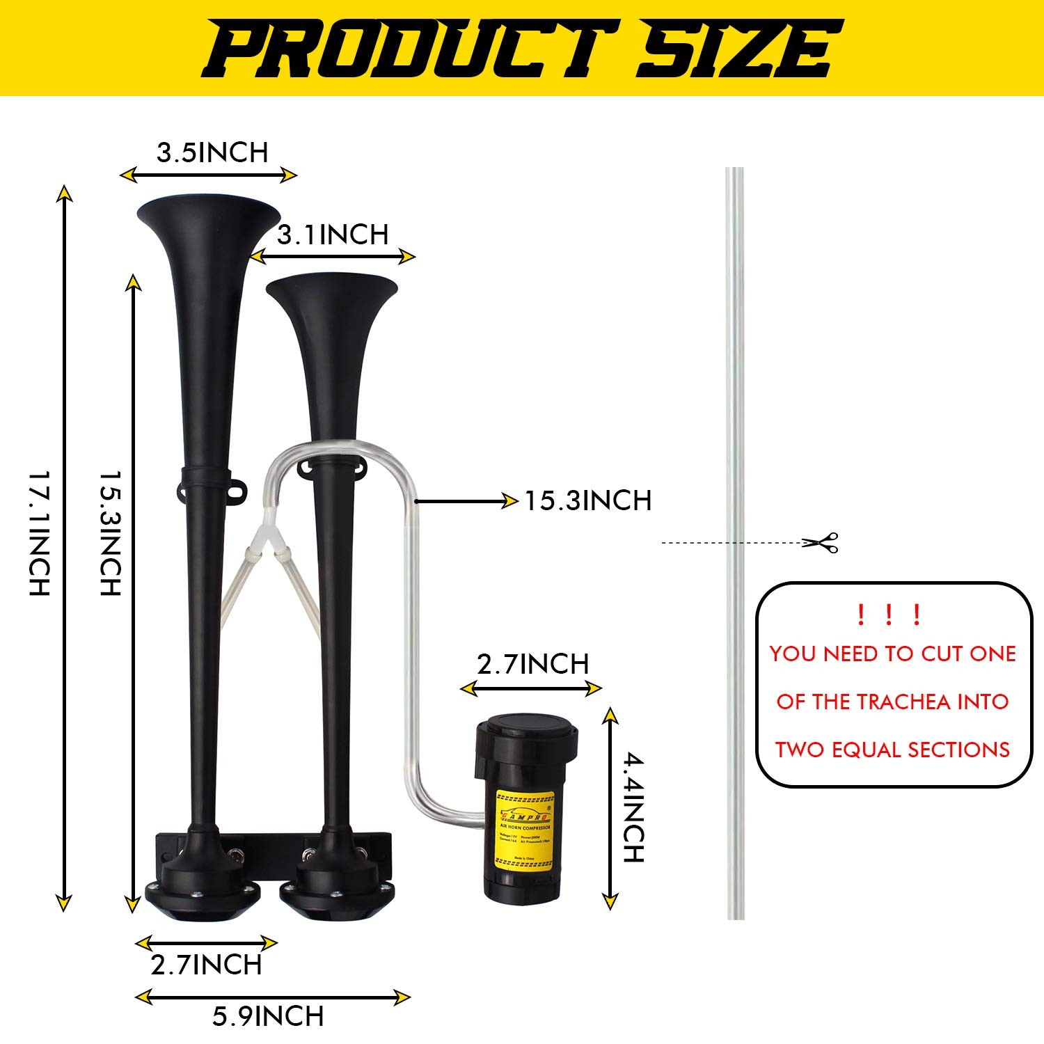12V 150db Air Horn, 18 Inches Chrome Zinc Dual Trumpet Truck Air Horn with Co…