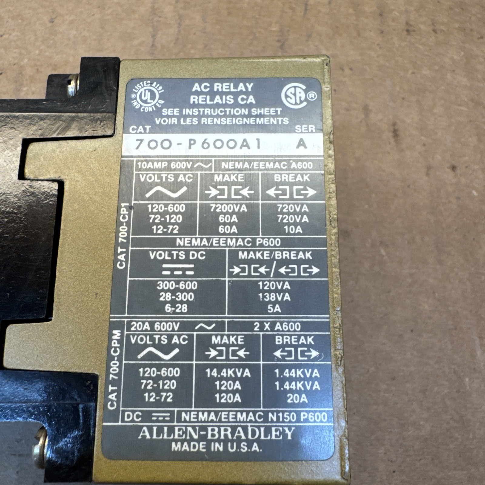 ALLEN-BRADLEY 700-P600A1 SER.A NSNB – CONTACTOR