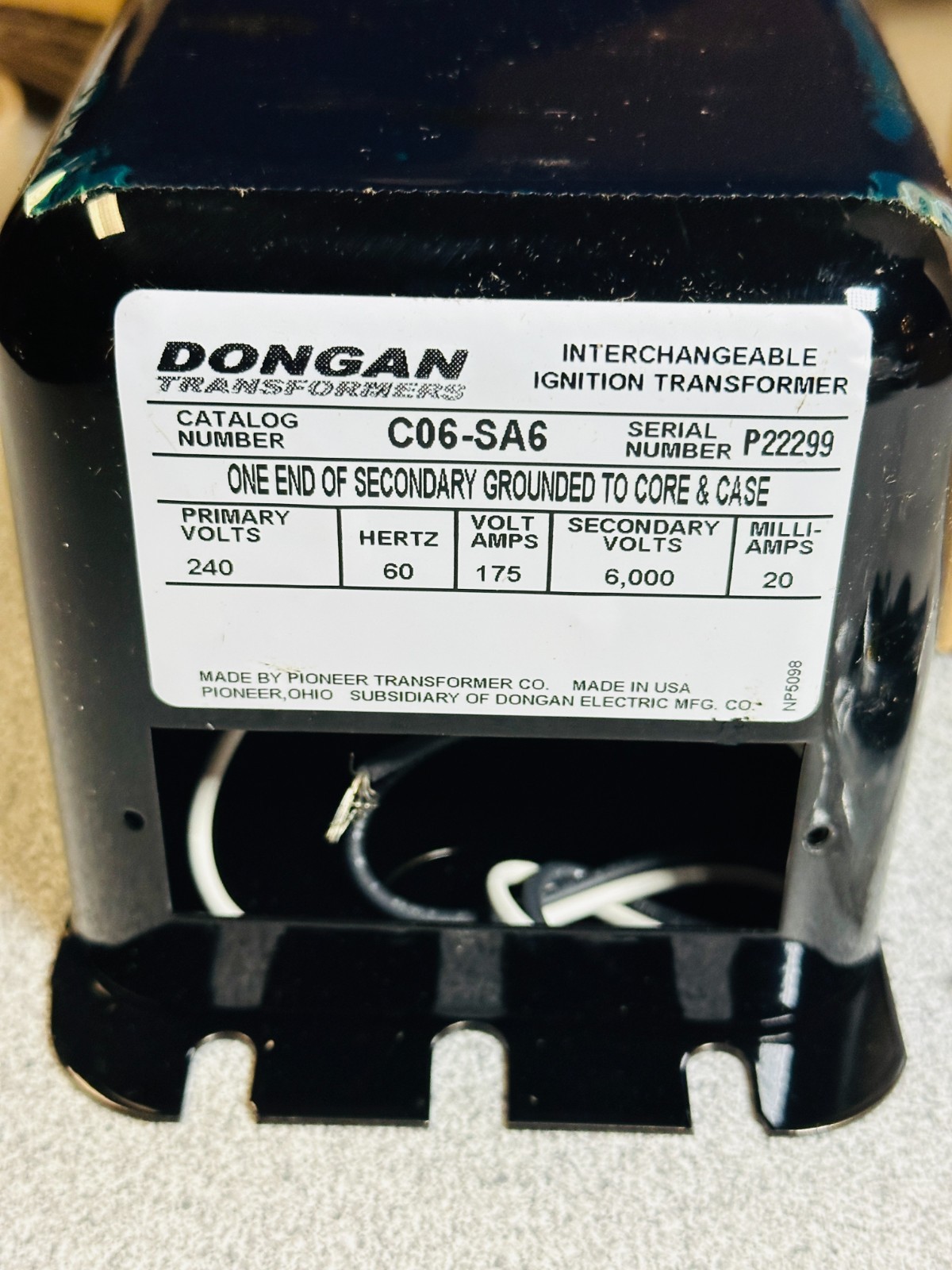 NEW Dongan C06-SA6 Ignition Transformer – 240V primary / 6000V secondary 60Hz