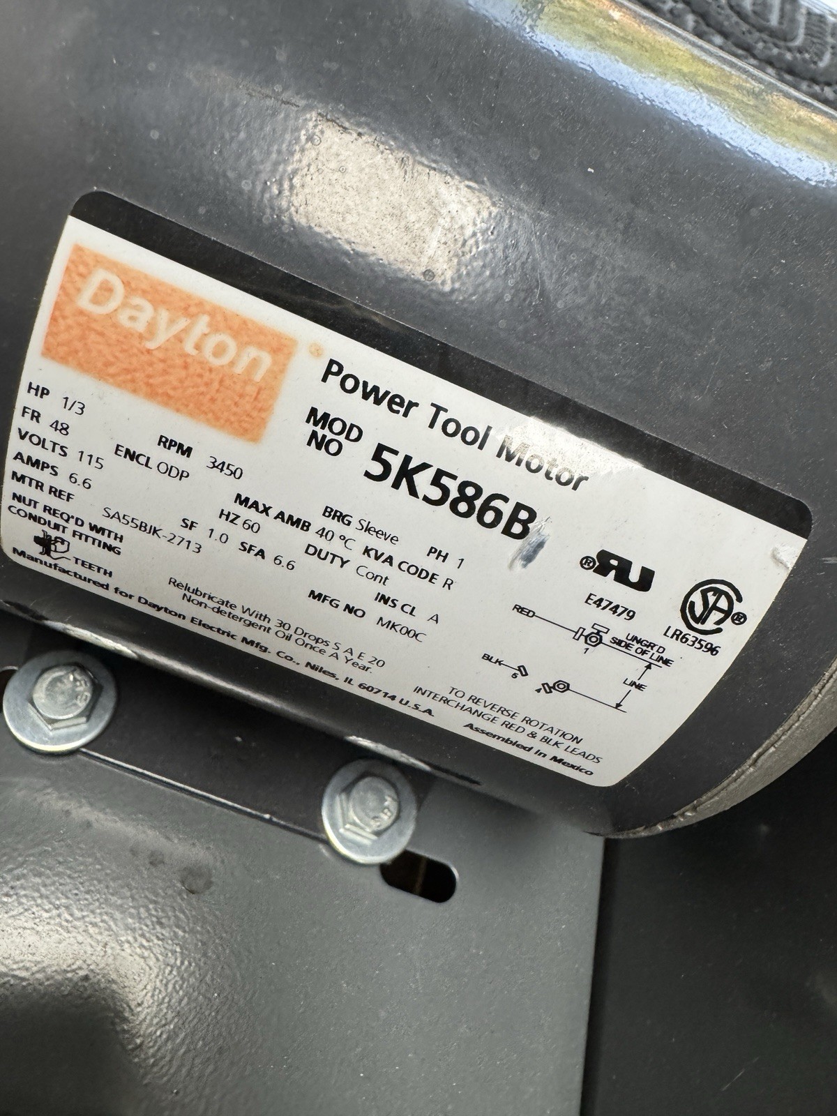 Dayton Power Tool Motor 2C820 Industrial High Pressure Blower 5K586B Motor 1/3Hp