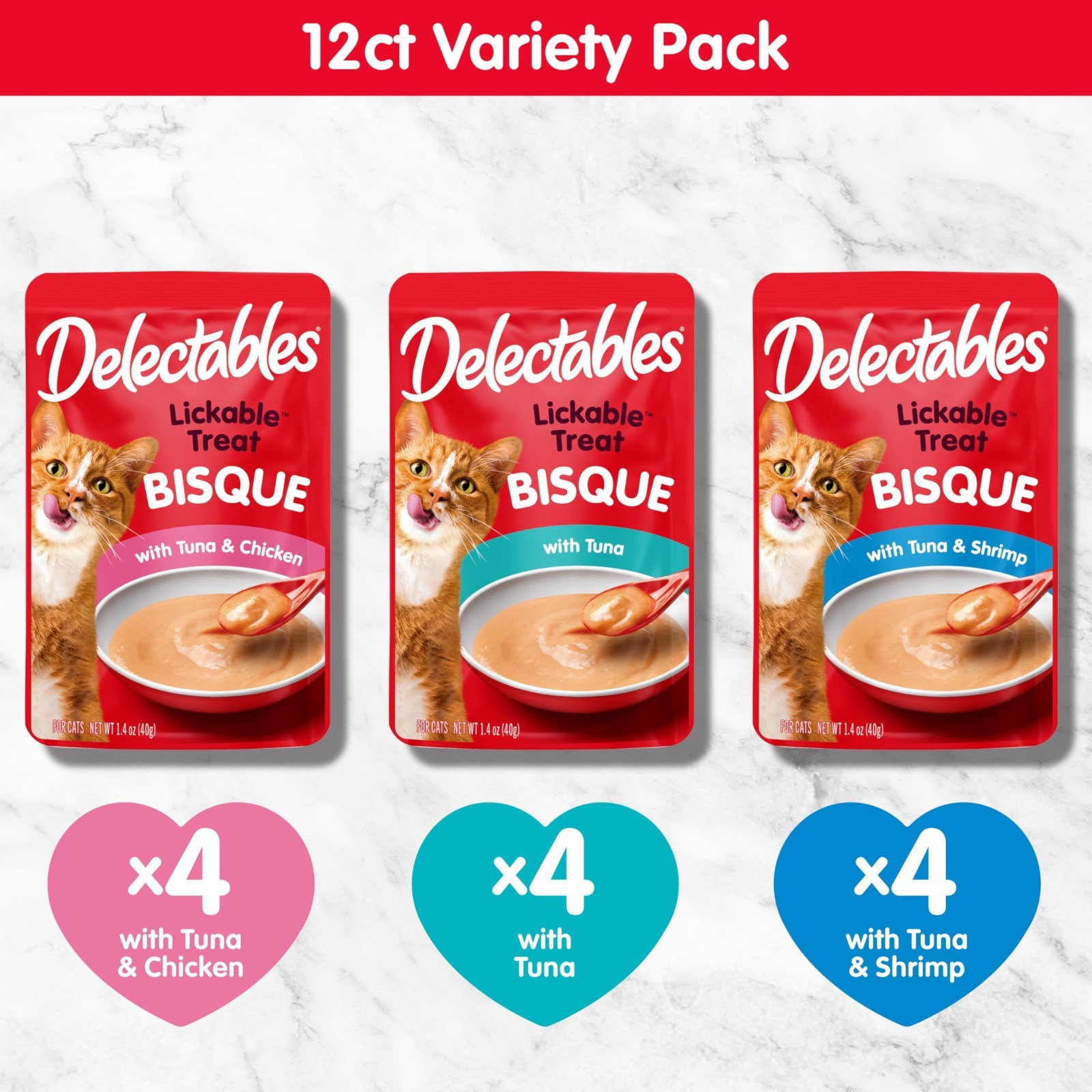 4 PACK Delectables Bisque Lickable Wet Cat Treats – Chicken, Tuna & Shrimp, 12ct