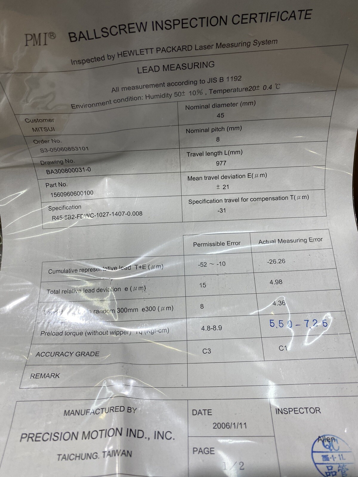 PMI BA300800031-0 Precison Ground Ballscrew R45-8B2-FDWC-1027-1407-0.008