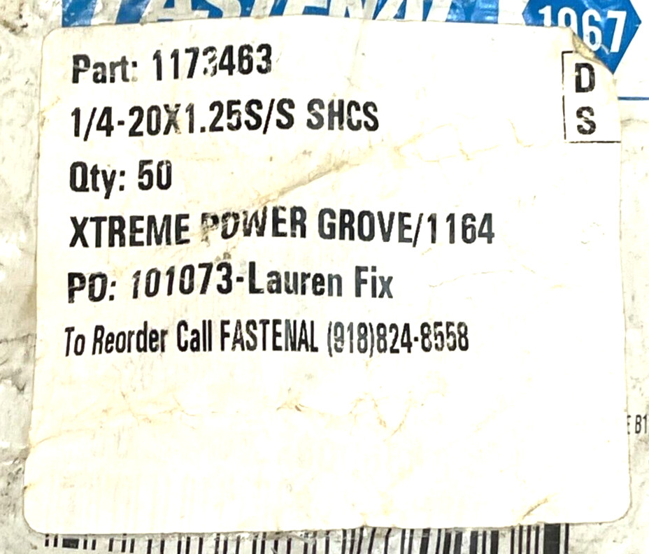 FASTENAL SOCKET CAP SCREW 1173463 1/4-20 X 1.25 S/S SHCS 18-8 STAINLESS STEEL