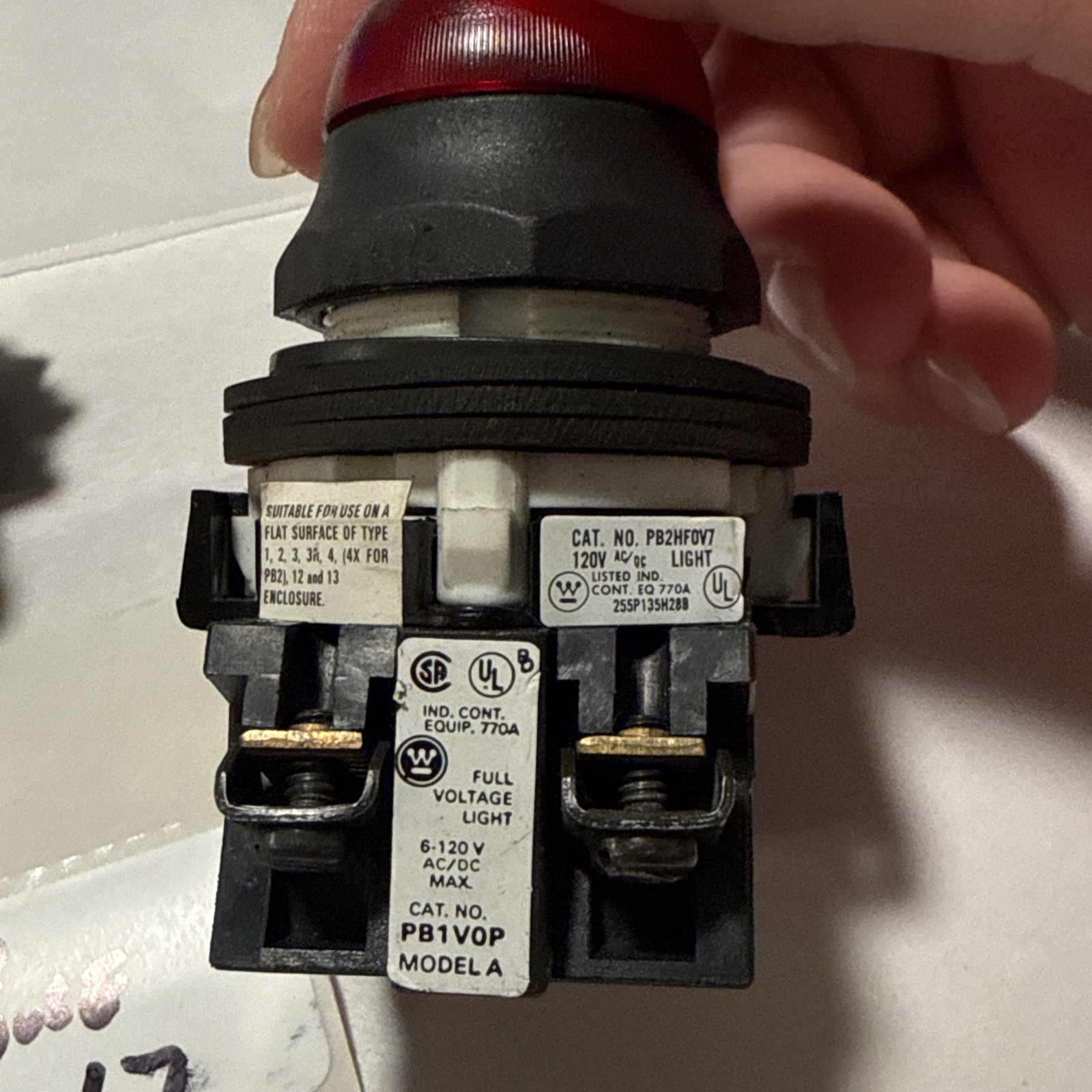 Lot of 2 Westinghouse PB2HF0V7 120V Red Pilot Lights PB1V0P 1 w/ PB1A Contact