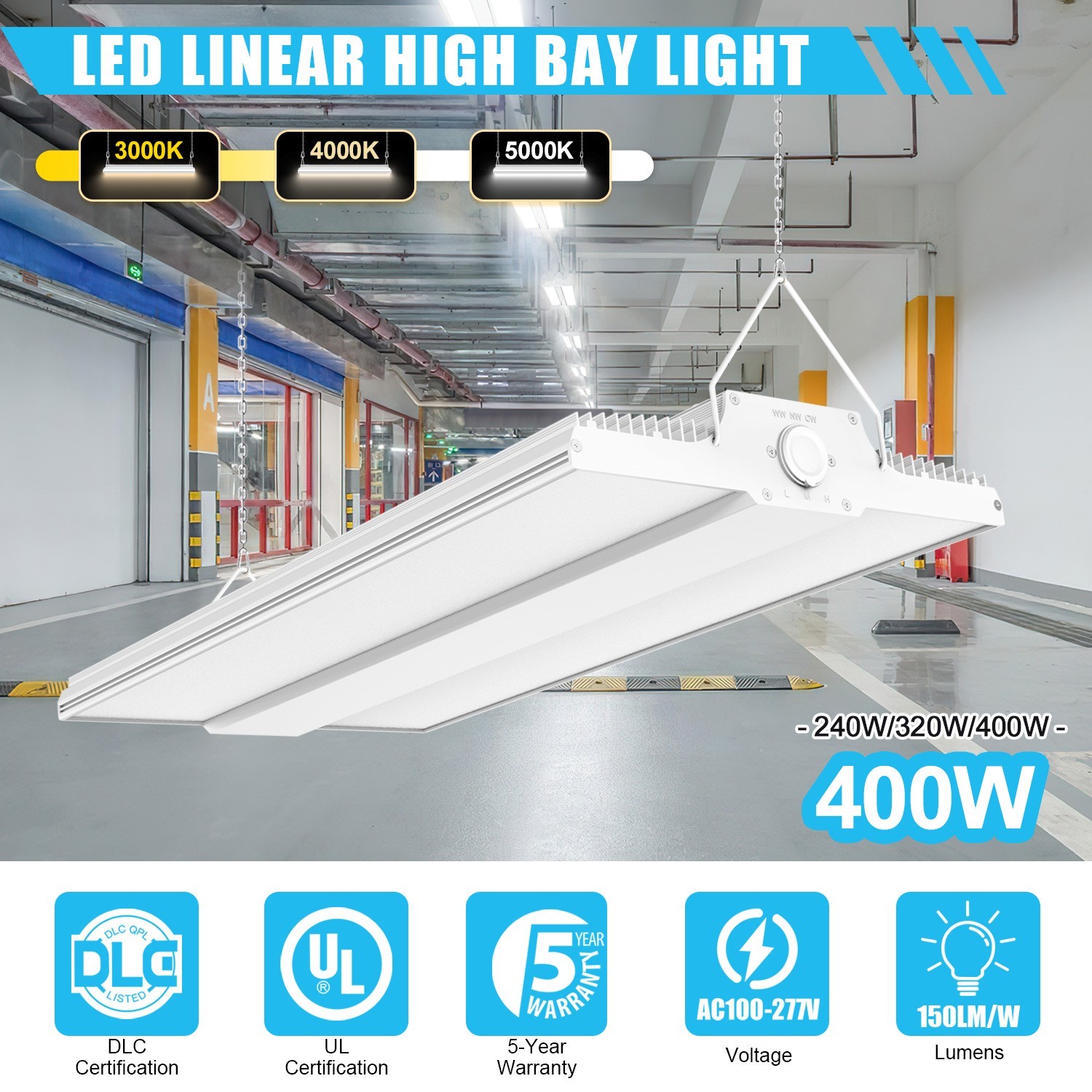 400W LED Linear High Bay Light Warehouse Shop Garage Fixture 4.5/5/5700K CCT