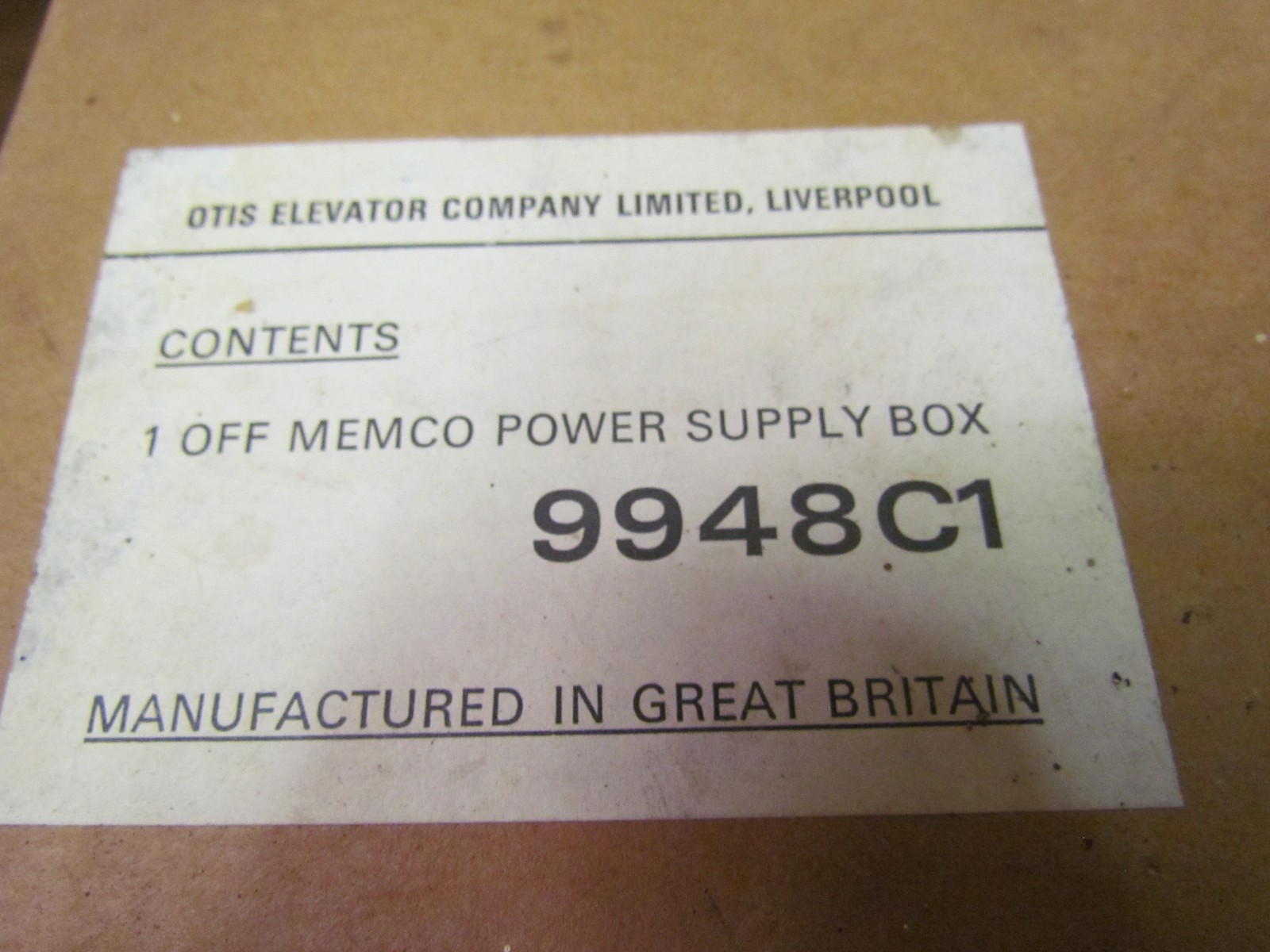 New Old Stock 0048C1 OTIS ELEVATOR COMPANY 1 OFF MEMCO POWER SUPPLY BOX