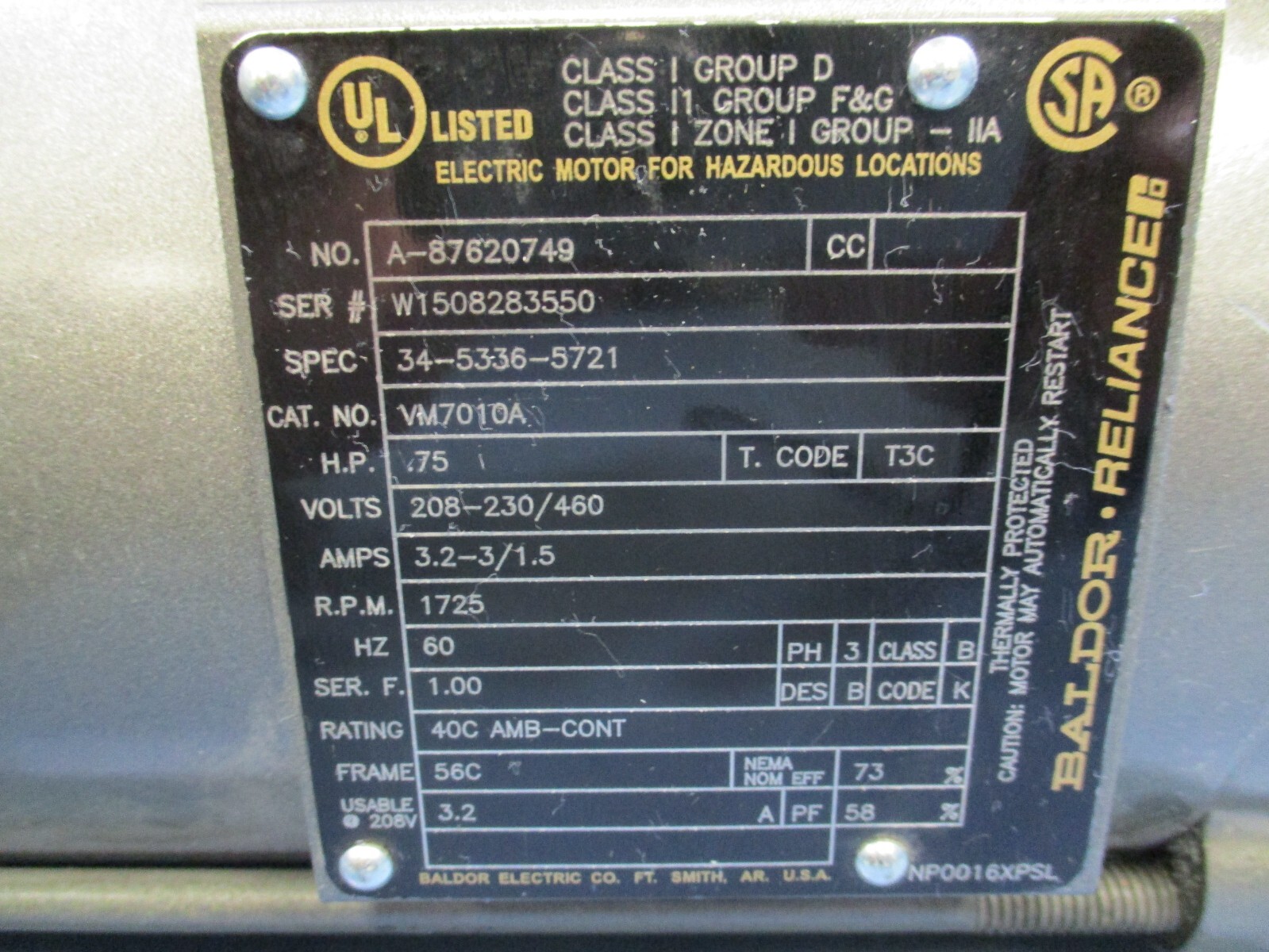Baldor A-87620749 Electric Motor ¾HP 208/230-460V 1725RPM 60Hz 3Ph